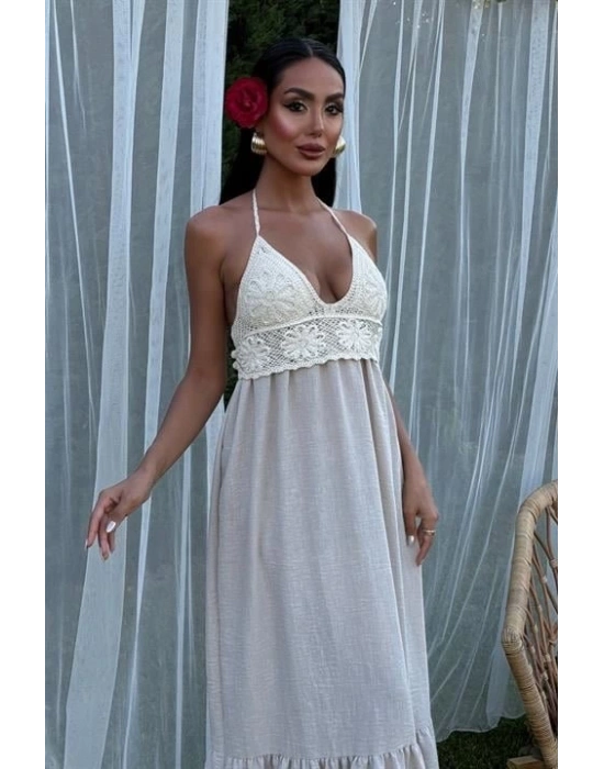 Göğsü Trikolu Keten Uzun Elbise 290408