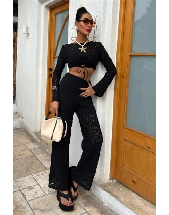 Göğüs Bağcık Detaylı Ajurlu Bluz Pantolon Takım 10098