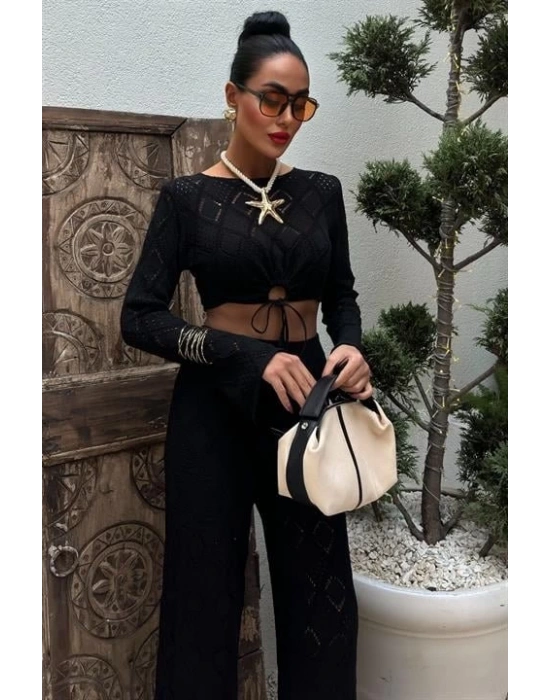 Göğüs Bağcık Detaylı Ajurlu Bluz Pantolon Takım 10098