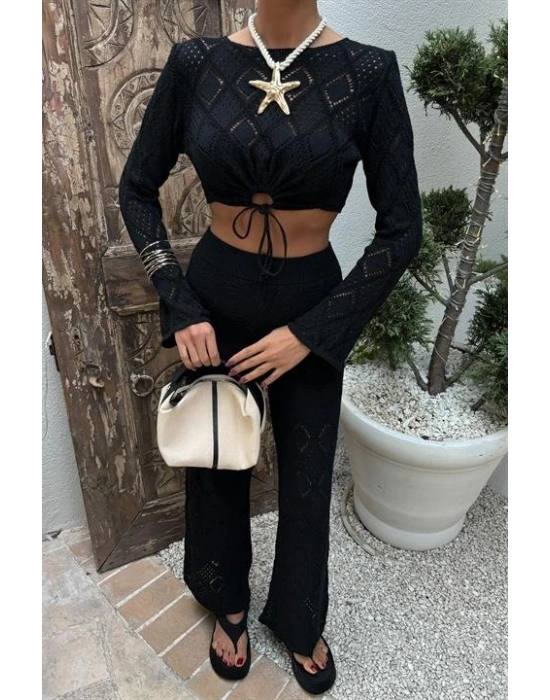 Göğüs Bağcık Detaylı Ajurlu Bluz Pantolon Takım 10098