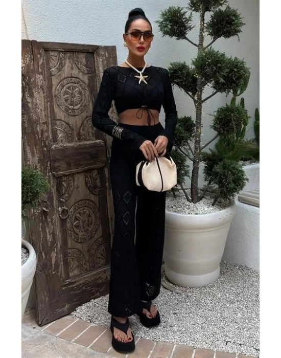 Göğüs Bağcık Detaylı Ajurlu Bluz Pantolon Takım 10098