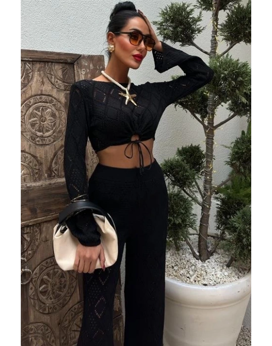 Göğüs Bağcık Detaylı Ajurlu Bluz Pantolon Takım 10098