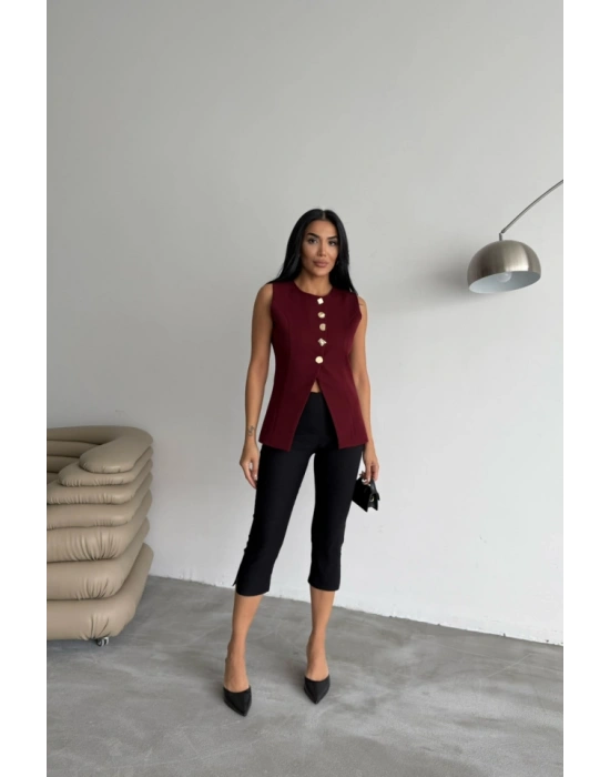 GOLD DÜĞE DETAYLI YELEK  Bordo