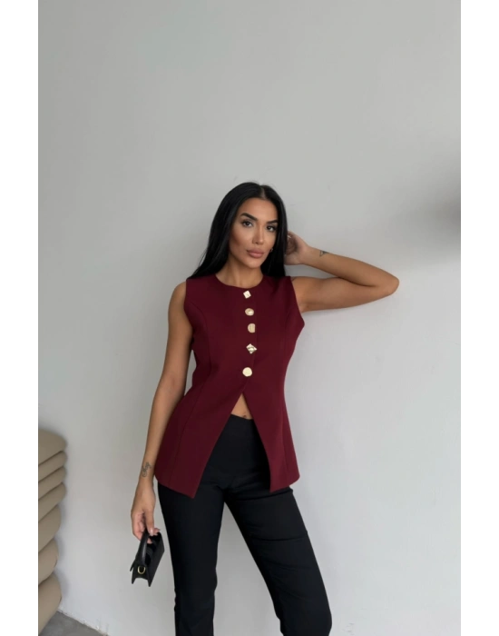 GOLD DÜĞE DETAYLI YELEK  Bordo