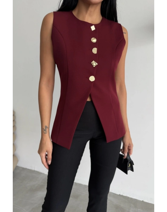 GOLD DÜĞE DETAYLI YELEK  Bordo