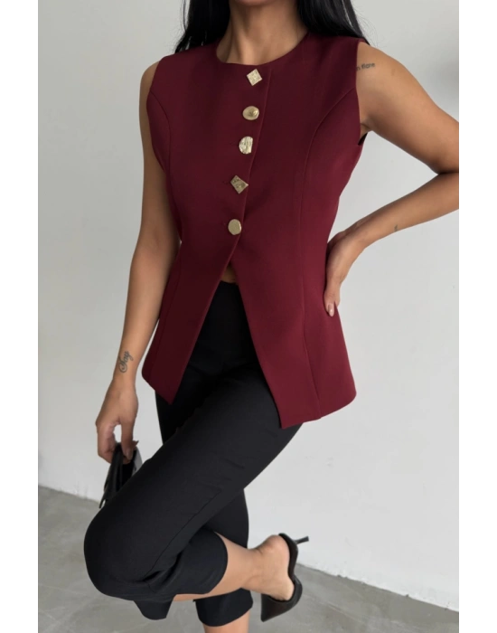 GOLD DÜĞE DETAYLI YELEK  Bordo