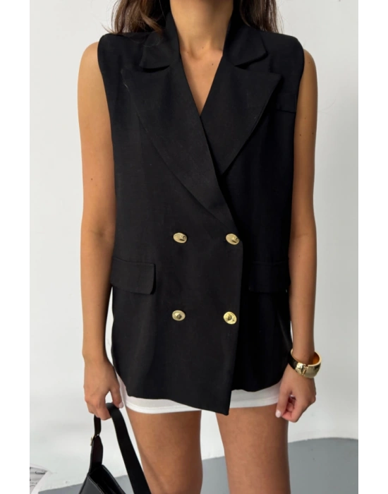 GOLD DÜĞELİ KETEN YELEK  iyah