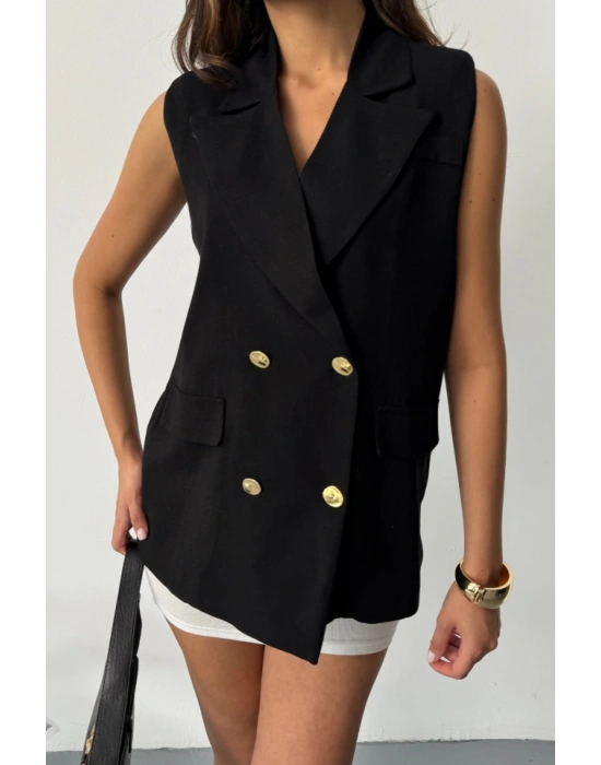 GOLD DÜĞELİ KETEN YELEK  iyah