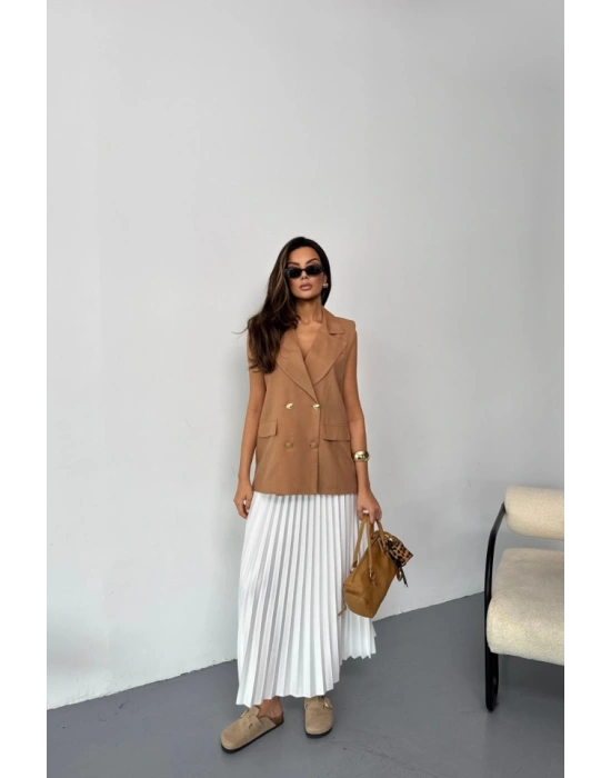 GOLD DÜĞELİ KETEN YELEK  Kahverengi