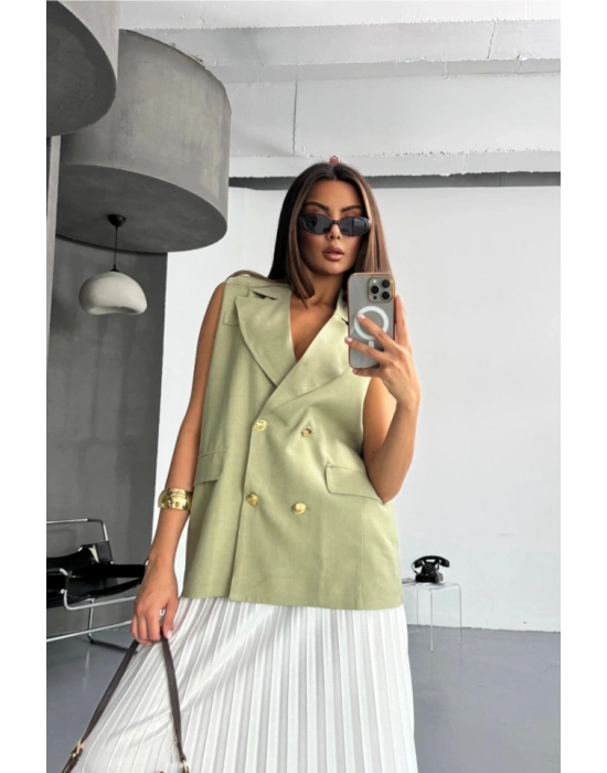 GOLD DÜĞELİ KETEN YELEK  Yeşil