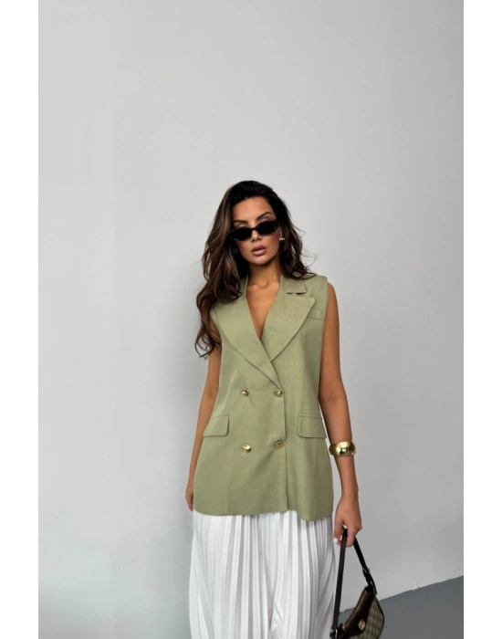 GOLD DÜĞELİ KETEN YELEK  Yeşil