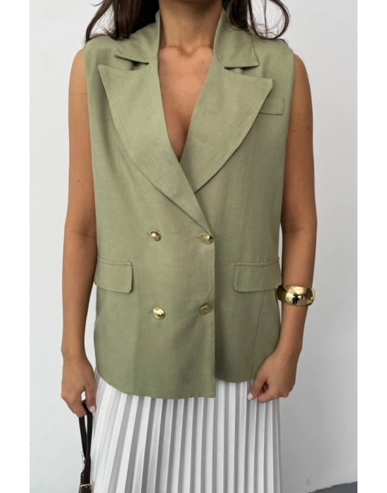 GOLD DÜĞELİ KETEN YELEK  Yeşil
