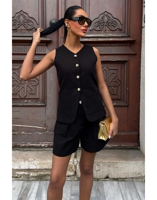 Gold Düğme Detaylı Yelek Şort Cotton Takım 1013417