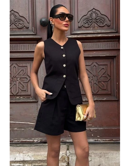 Gold Düğme Detaylı Yelek Şort Cotton Takım 1013417