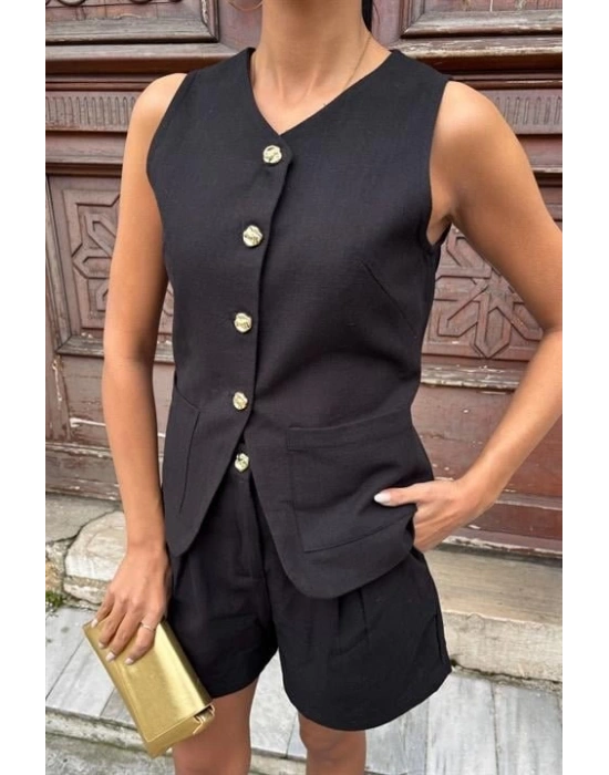 Gold Düğme Detaylı Yelek Şort Cotton Takım 1013417