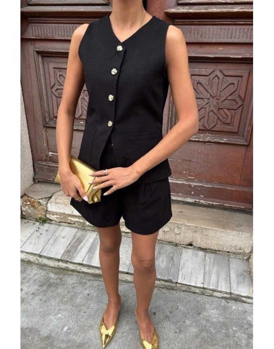 Gold Düğme Detaylı Yelek Şort Cotton Takım 1013417