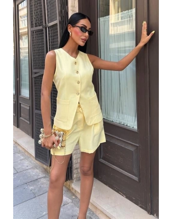 Gold Düğme Detaylı Yelek Şort Cotton Takım 10208