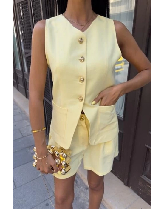 Gold Düğme Detaylı Yelek Şort Cotton Takım 10208
