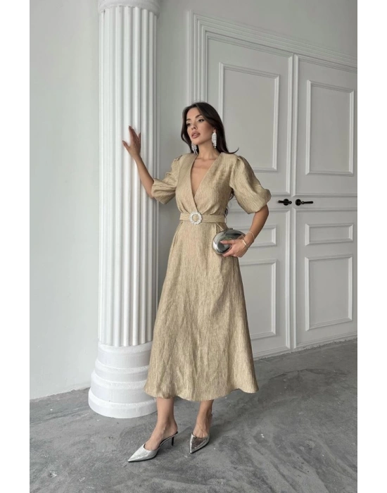 Gold Işıltılı Kemerli Kruvaze Elbise