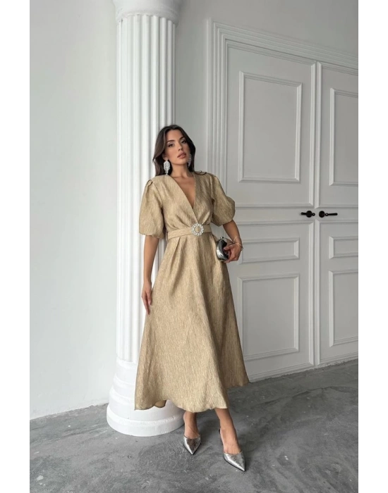 Gold Işıltılı Kemerli Kruvaze Elbise