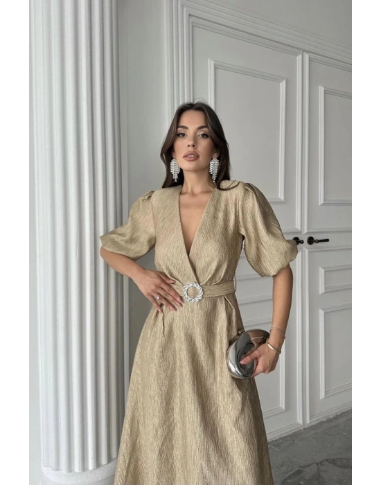 Gold Işıltılı Kemerli Kruvaze Elbise