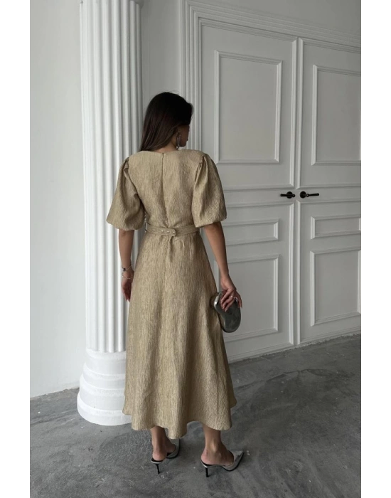 Gold Işıltılı Kemerli Kruvaze Elbise