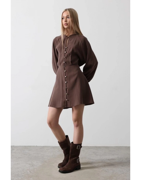 Gold Rengi Düğme Detaylı Elbise  Kahve