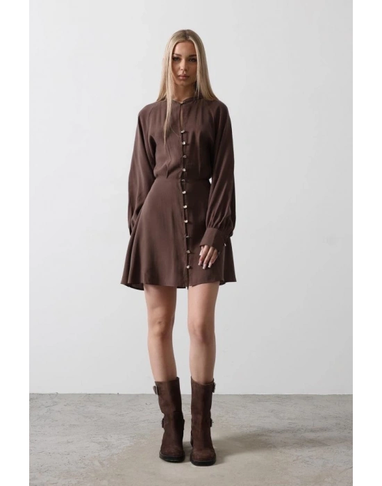 Gold Rengi Düğme Detaylı Elbise  Kahve