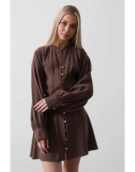 Gold Rengi Düğme Detaylı Elbise  Kahve