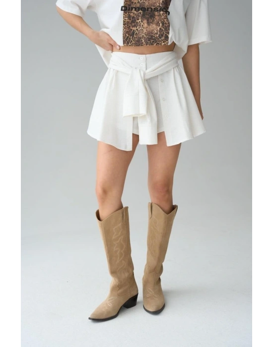 Gömlek Bağlamalı Şort  Krem