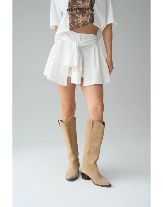 Gömlek Bağlamalı Şort  Krem