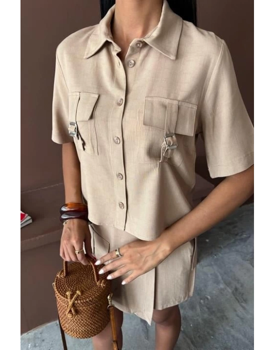 Gömlek Şort Etek Viscon Keten Takım 10162