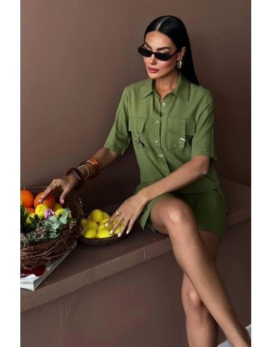 Gömlek Şort Etek Viscon Keten Takım 10162