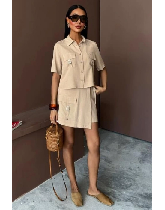 Gömlek Şort Etek Viscon Keten Takım 10162