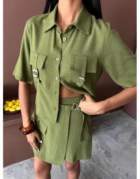 Gömlek Şort Etek Viscon Keten Takım 10162