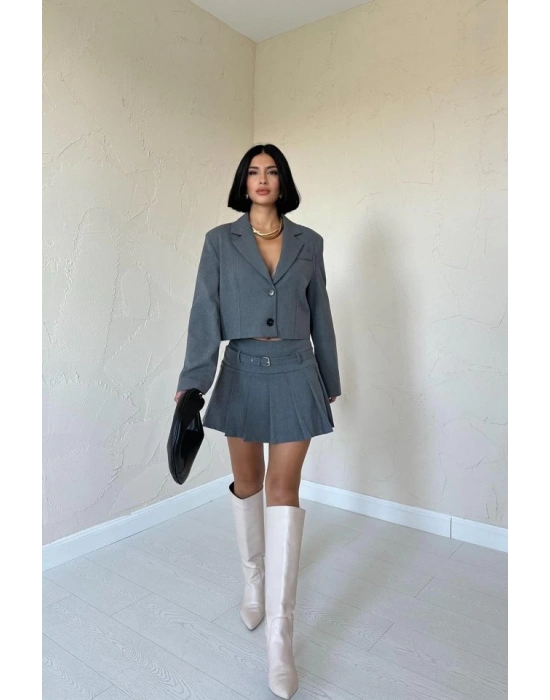 Gri Bomber Ceket Ve Pileli Etek Takım