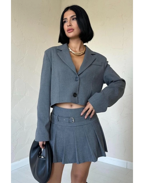 Gri Bomber Ceket Ve Pileli Etek Takım