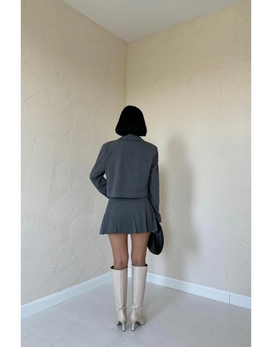 Gri Bomber Ceket Ve Pileli Etek Takım