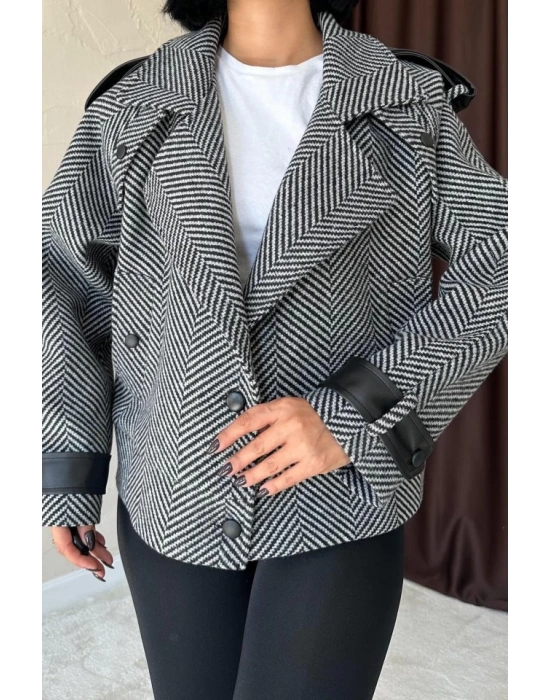 Gri Çizgili Deri Garnili Ceket