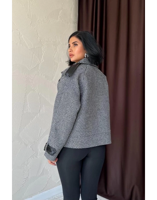 Gri Çizgili Deri Garnili Ceket