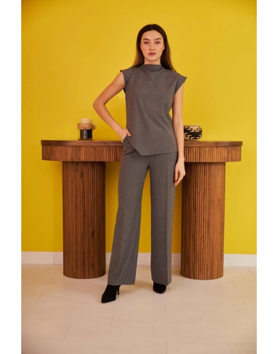 Gri Sıfır Kol Düğmeli Gömlek Takım