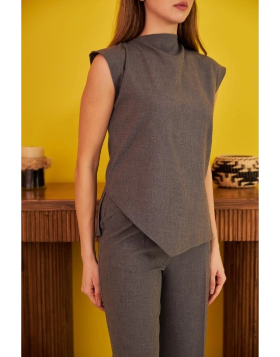 Gri Sıfır Kol Düğmeli Gömlek Takım