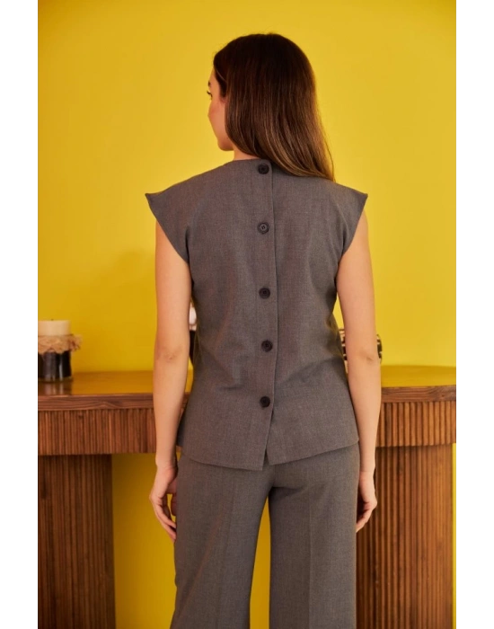 Gri Sıfır Kol Düğmeli Gömlek Takım