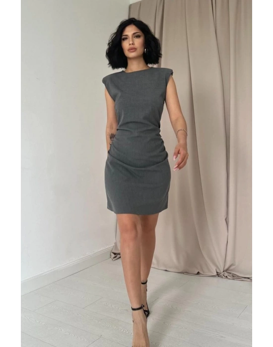 Gri Yanı Büzgülü ıfır Kol Elbise
