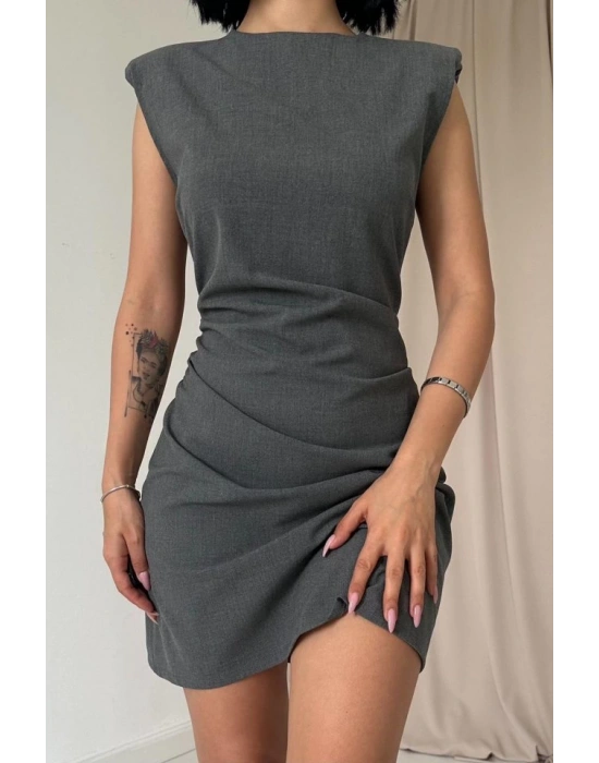 Gri Yanı Büzgülü ıfır Kol Elbise