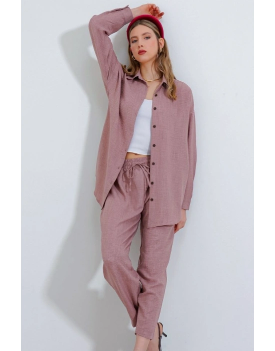 Gül Kurusu Oversize Keten Alt Üst Takım 6622