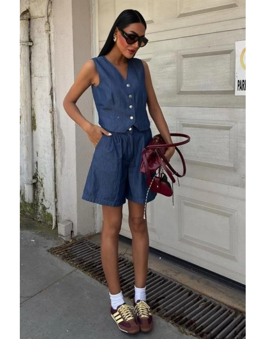 Gümüş Düğmeli Yelek Ve Şort Tensel Takım 10174