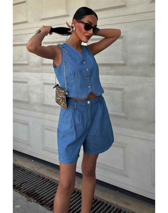 Gümüş Düğmeli Yelek Ve Şort Tensel Takım 10174