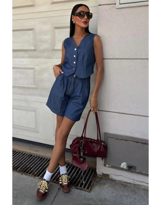 Gümüş Düğmeli Yelek Ve Şort Tensel Takım 10174