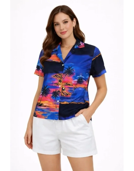 Gün Batımı Tropikal Desenli Kısa Kol Gömlek Şort Takım Yazlık Rahat Kalıp  Desenli